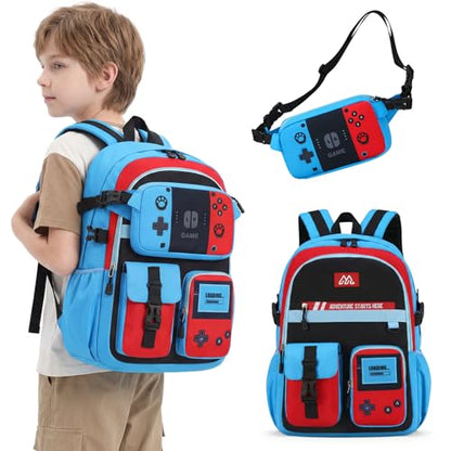 TILYTADLY 2‑IN‑1 School Backpack for Boys - Gamer Backpack for Boys with Waist Bag, 18″ Large Capacity Students Bag for Kids Children Teens Elementary Middle School - color: Red-blue Backpack Only