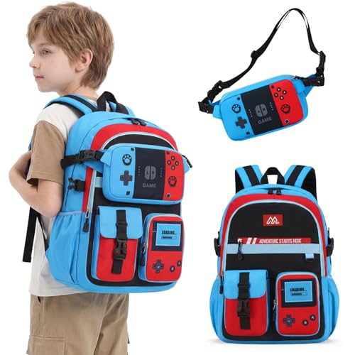 TILYTADLY 2‑IN‑1 School Backpack for Boys - Gamer Backpack for Boys with Waist Bag, 18″ Large Capacity Students Bag for Kids Children Teens Elementary Middle School - color: Red-blue Backpack Only