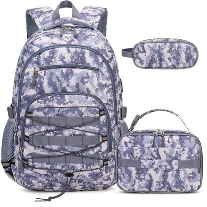 ACESAK Camo Backpack for Boys, Tactical Kids Backpack Boys, School Bags for Boy Children Teens Kids Elementary Middle High School, Military Bookbag and Lunch Bag Pencil Case Set with USB Charging Port - color: Grey Camo