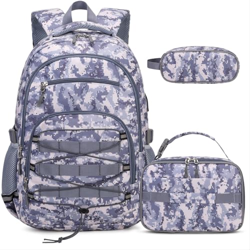 ACESAK Camo Backpack for Boys, Tactical Kids Backpack Boys, School Bags for Boy Children Teens Kids Elementary Middle High School, Military Bookbag and Lunch Bag Pencil Case Set with USB Charging Port - color: Grey Camo