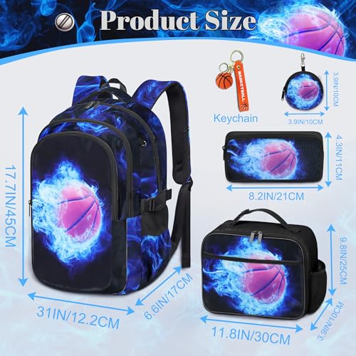 Boys Basketball Backpack with Lunch Box, Kids Backpack Set for School, 17inch Bookbag with Pencil Case Coin Purse Blue - color: Basketball Blue