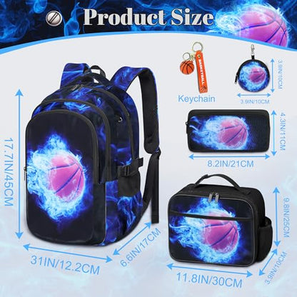 Boys Basketball Backpack with Lunch Box, Kids Backpack Set for School, 17inch Bookbag with Pencil Case Coin Purse Blue - color: Basketball Blue