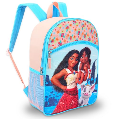 Moana Backpack Set for Girls – 16” Disney School Bag with Water Bottle, Stickers & Door Hanger – Moana School Supplies Bundle for Kids
