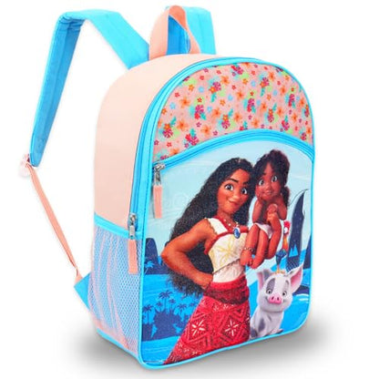Moana Backpack Set for Girls – 16” Disney School Bag with Water Bottle, Stickers & Door Hanger – Moana School Supplies Bundle for Kids