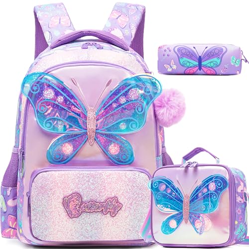 Meetbelify Kids School Backpacks for Girls Boys Backpack with Lunch Bag for Elmentary Students - color: 01 Butterfly
