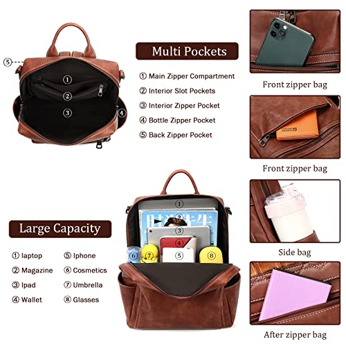 AGLOD Leather Backpack Purse for Women Designer Ladies Shoulder Bag Fashion Faux Work Travel Handbags - color: Dark Brown