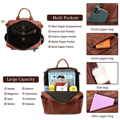AGLOD Leather Backpack Purse for Women Designer Ladies Shoulder Bag Fashion Faux Work Travel Handbags - color: Dark Brown