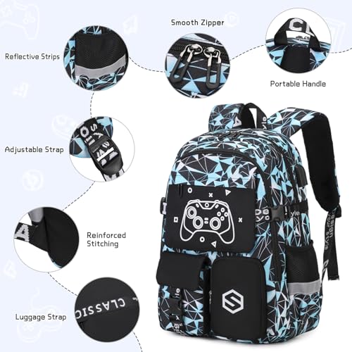 Scothen Boys Backpack, Cool Luminous School Backpack with Lunch Bag Pencil Case, Kids Backpack Kindergarten Elementary Middle School Book Bags for Teen Boys Children with USB Charging Port - color: Blue Graffiti
