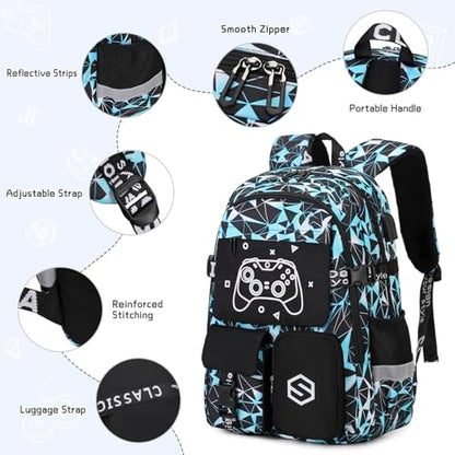 Scothen Boys Backpack, Cool Luminous School Backpack with Lunch Bag Pencil Case, Kids Backpack Kindergarten Elementary Middle School Book Bags for Teen Boys Children with USB Charging Port - color: Blue Graffiti
