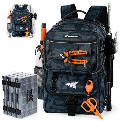 KastKing BaitSpace Fishing Tackle Backpack with Removable Bait Binder,2 Rod Holders Storage Fishing Gear and Equipment - color: C: Blue Camo (With (4) 3600 Tackle Boxes)