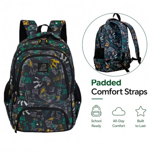 MYGOO Boys School Backpack Campus Gamer Teal Bookbag for Elementary Middle School Ages 5-12, 17 inch Large Capacity 24L Kids Student Travel Bags - color: Campus Gamer Teal