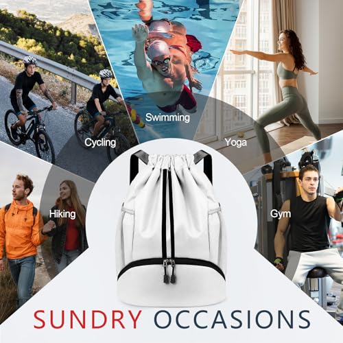PinCute Drawstring Backpack for Women Men, Gym Bag for Soccer, Basketball, Swim, Beach, Water-Resistant Sports Backpack with Wet Pocket and Shoe Compartment, White - color: White