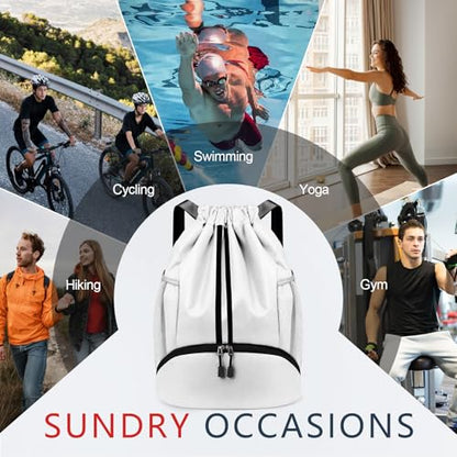 PinCute Drawstring Backpack for Women Men, Gym Bag for Soccer, Basketball, Swim, Beach, Water-Resistant Sports Backpack with Wet Pocket and Shoe Compartment, White - color: White