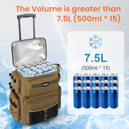 Goture 66L Rolling Tackle Box w/Cooler, Khaki Large Fishing Bag w/Wheels - color: Khaki, size: With (5) 3700 Trays