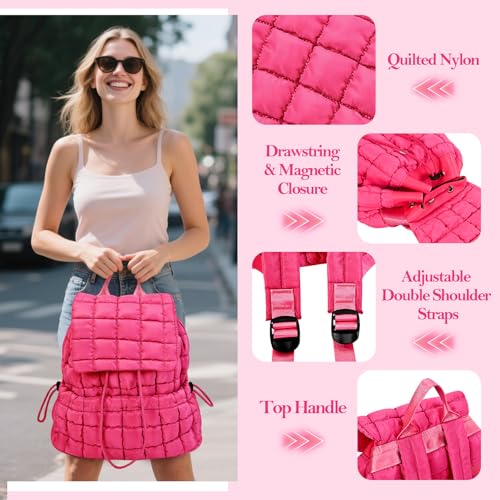 Quilted Puffer Backpack for Women Lightweight Soft Puffy Backpack Purse Casual Daily Drawstring Flap Daypack (Rose Red) - color: Rose Red