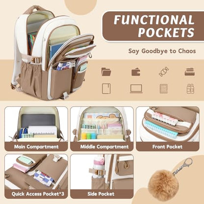 MUSEVOS Kids Teenage Girls Backpack, Elementary/Middle/High Schoolbag, Multi-Compartment Water-resistant Cute Bookbag, 17inch - color: Khaki-white