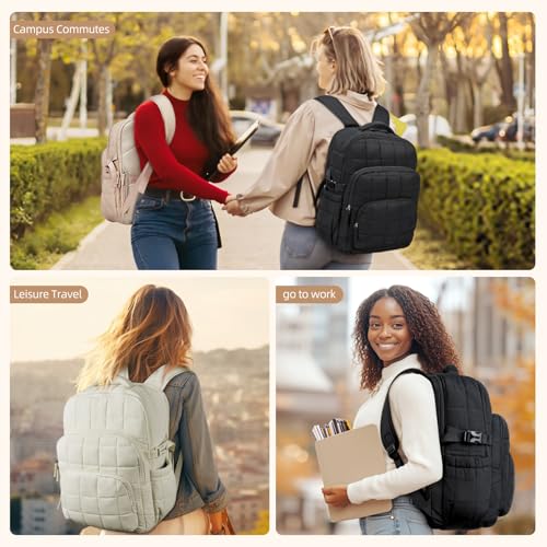 CLUCI 17.3 Inch Laptop Backpack for Women, Anti Theft Travel Backpack, Puffer Quilted Work Backpack, Water Resistant College Bookbag, Carry on backpack with RFID (Black) - color: Black
