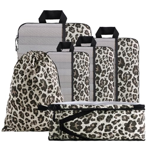 U+U 6 Set Compression Packing Cubes - Travel Organizers with Laundry Bag, Space-Saving Suitcase Organizer, Expandable Packing Organizers for Travel Essentials (Leopard) - color: Leopard-02, size: 6 Set