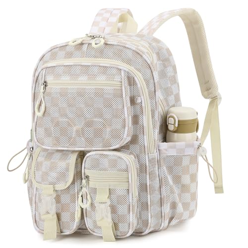 Mesh Backpack for School, Heavy Duty Mesh Bookbags for Women Girls Boys Kids with Inner Laptop Compartment for College, Travel, Beach, Swimming, Sports - Checkered Khaki - color: Checkered Khaki