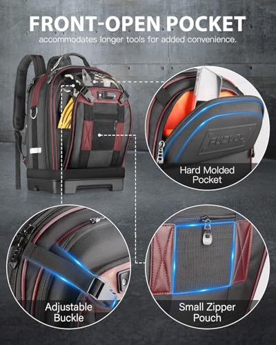 Heavy Duty Tool Backpack, 18-Inch Hard Shell Electrician Tool Bag, Full-Open Work Bag with Molded Base, Removable Tool Organizer, Laptop Compartment, HVAC Construction Backpack for Men, Brown - color: Redbrown
