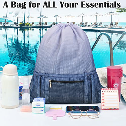 Mesh Drawstring Backpack Bag Beach Bag with Zipper Pocket Gym Backpack Bag for Swimming Gear Gym Storage Bag for Adult Kids (Grey) - color: Grey