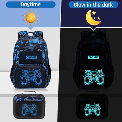 Glow in The Dark Backpack for Boys - 3pcs Game Boys Backpack for Kids Children Teens Elementary Middle School - 17″ Gamer Bookbag Travel Back Pack for Age 6-18 - color: Game002-backpack Set
