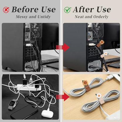 2 PCS Cord Organizer,Cord Keeper,Cable Organizer USB Holder,Cable Straps,Earbud case,wrap Headphone,Headset Winder,Earphone Clips Ties,stocking stuffers Gifts for Women Leather Sunflower - style: Sunflower