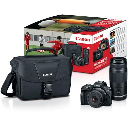 Canon EOS R100 Mirrorless Camera Bundle with Double Zoom Lens RF-S 18-45mm and RF 75-300mm Telephoto Lens, 64GB SDXC Card, Camera Backpack, Filter Kit, Cleaning Kit & Canon Shoulder Bag