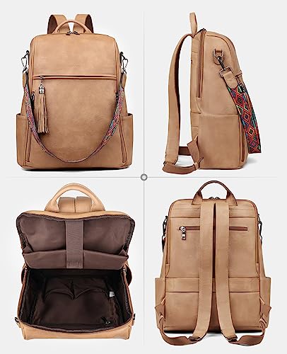 FADEON Leather Laptop Backpack for Women Designer 15.6 inch PU Laptop Bag, Ladies Travel Computer Work Backpack Camel Brown - color: Retro Camel Brown Style