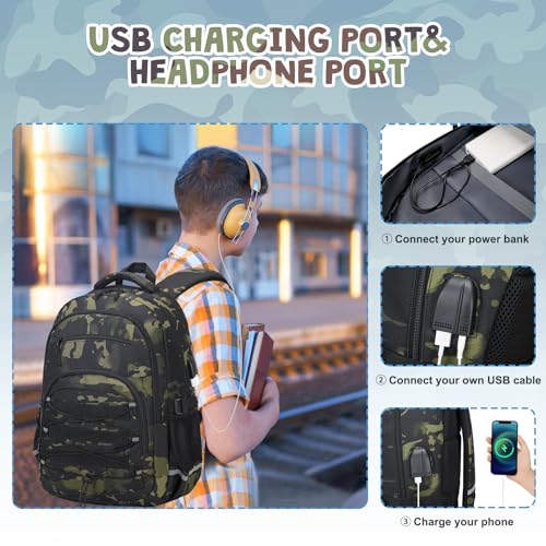 ACESAK Camo Backpack for Boys, Tactical Kids Backpack Boys, School Bags for Boy Children Teens Kids Elementary Middle High School, Military Bookbag and Lunch Bag Pencil Case Set with USB Charging Port - color: Black Camo