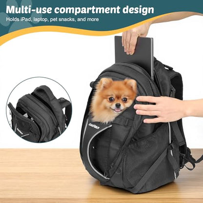 Dog Backpack Carrier for Hiking, Pet Travel Bag up to 18 lbs, 2-in-1 Foldable Cat Backpack with Laptop Compartment, Reinforced Ventilated 600D Nylon Rucksack for Walking Camping Commuting - color: Black