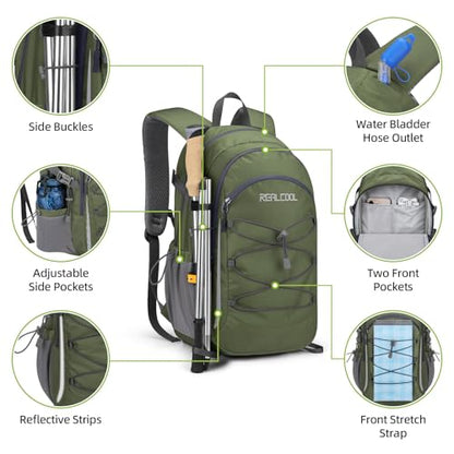 RealCool 20L Lightweight Hiking Backpack, Waterproof Daypack for Camping | 210D tear-resistant nylon, breathable shoulder and back panel, Multi-Compartment,hydration system,reflective strip,bungee net - color: Army Green, size: 20L