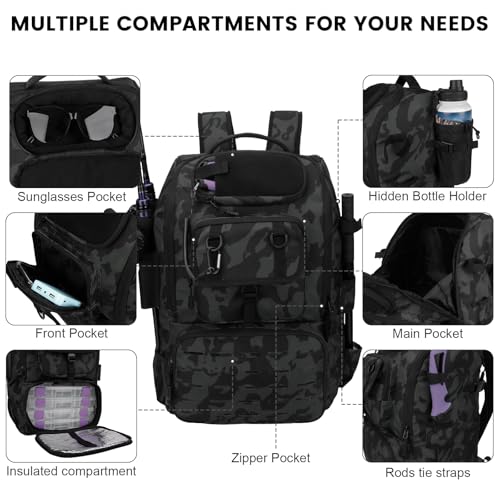 Hp hope Fishing Backpack with Rod Holders & Cooler, 40L Fishing Tackle Bag Fishing Tackle Storage Backpack Fishing Gear for Camping, Black Camo - color: Black Camo