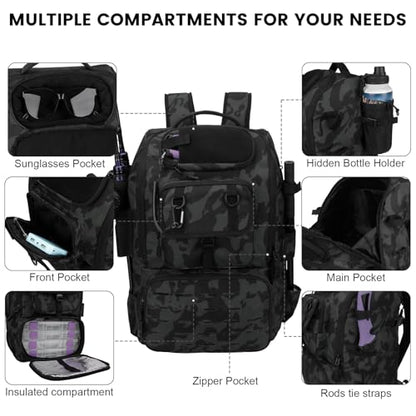 Hp hope Fishing Backpack with Rod Holders & Cooler, 40L Fishing Tackle Bag Fishing Tackle Storage Backpack Fishing Gear for Camping, Black Camo - color: Black Camo