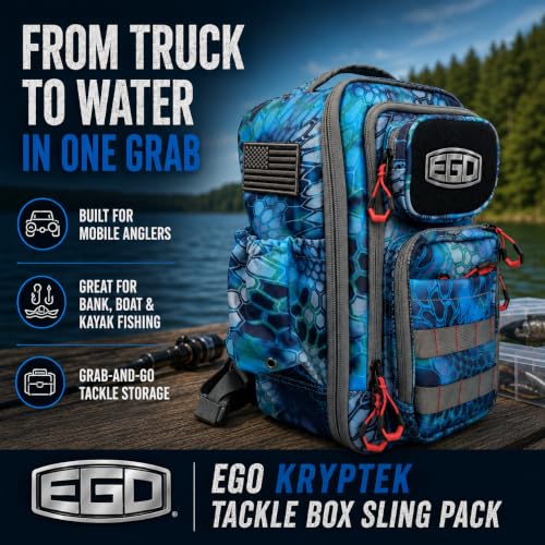 Ego Kryptek Tactical Fishing Sling Pack with 3 Tackle Trays, Camo | 1000D Nylon, Rod Holder, Molle Loops, Water Resistant Storage, Bottle Holder - color: Pontus, size: Sling Bag - Regular