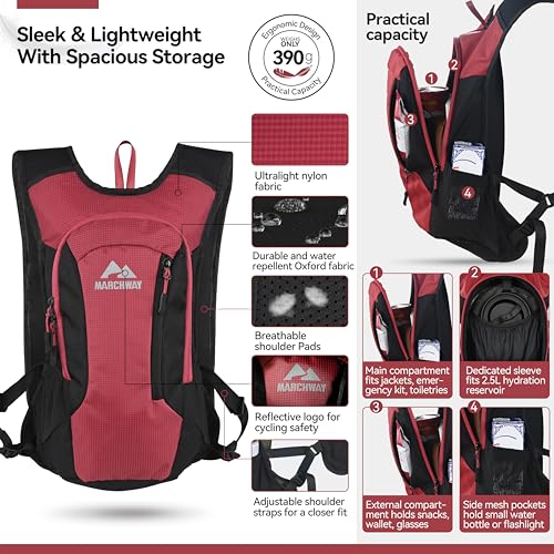 MARCHWAY Lightweight Hydration Backpack with Vest Style Straps & 2.5L TPU Water Bladder, Versatile Sleek Multi-Pocket Pack for Hiking, Cycling, Running, Backpacking, Travel - color: Red