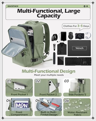 winspansy Travel Backpack for Women Men Essentials Carry on Luggage Flight Approved Personal Item Travel Bag Work Laptop Backpack Waterproof Weekender Bags for Women Mochila de Viaje Green - color: B6-green-no Vacuum Bag