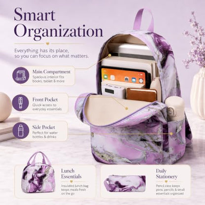 Bluboon Teen Girls School Backpack Kids Bookbag Set with Lunch Box Pencil Case Travel Laptop Backpack Casual Daypacks (Purple Marble) - color: Purple Marble