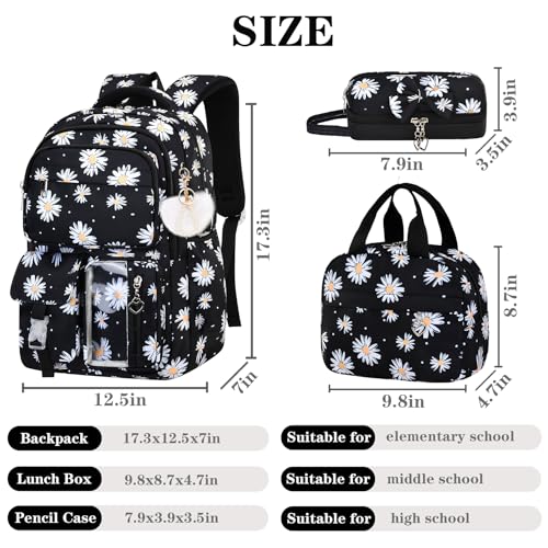 Girls Backpack Set with Lunch Box & Pencil Case, Floral Print Girls School Backpack for Elementary/Middle/High School (Black-Daisy) - color: Black-daisy