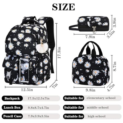 Girls Backpack Set with Lunch Box & Pencil Case, Floral Print Girls School Backpack for Elementary/Middle/High School (Black-Daisy) - color: Black-daisy