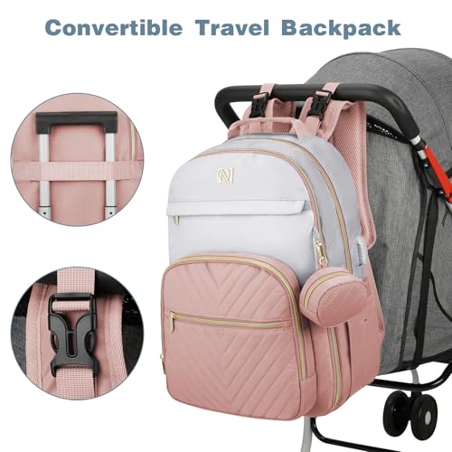 MOMUVO Diaper Bag Backpack, Quilted Baby Bag with Changing Pad & Stroller Straps & Pacifier Case, Large Travel Diaper Bags for Mom Dad, Pink Grey - color: Pink Grey