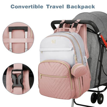 MOMUVO Diaper Bag Backpack, Quilted Baby Bag with Changing Pad & Stroller Straps & Pacifier Case, Large Travel Diaper Bags for Mom Dad, Pink Grey - color: Pink Grey