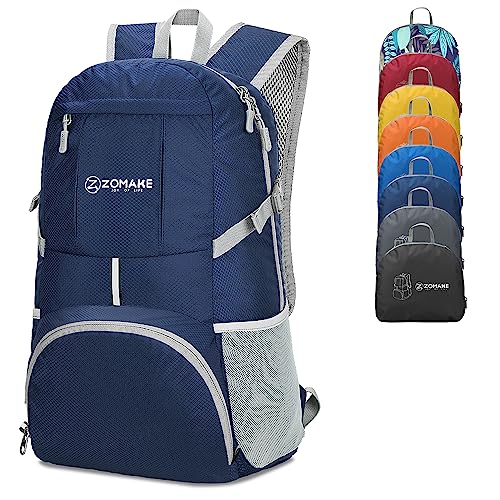 ZOMAKE Lightweight Packable Backpack 35L, Light Foldable Backpacks Water Resistant Collapsible Hiking Bag, Compact Folding Day Pack for Travel Camping(Navy Blue) - color: Navy Blue