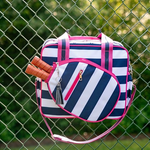 Cute Prepster Pickleball Bag for Women with Fence Hook, Tote with Pockets for Water Bottle, Paddles, Balls, Accessories - color: Navy Stripe/pink