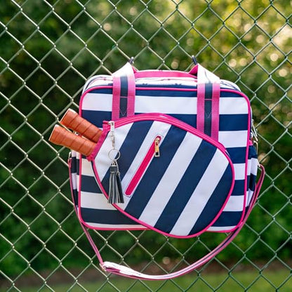 Cute Prepster Pickleball Bag for Women with Fence Hook, Tote with Pockets for Water Bottle, Paddles, Balls, Accessories - color: Navy Stripe/pink