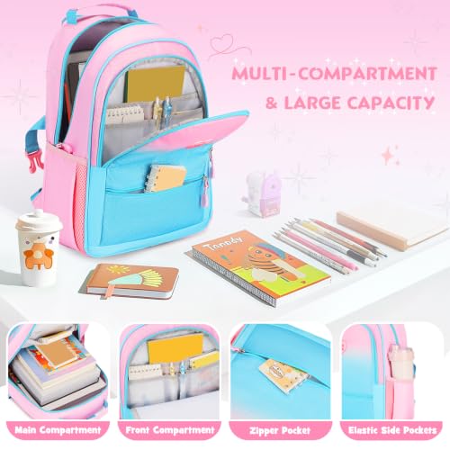 Kids Backpack for Girls 5-8, 4PCS Toddler Backpack with 13oz Kids Insulated Water Bottle, Lunch Box and Pencil Case, Girls Bookbag Schoolbag for Primary Kindergarten Elementary School - color: Pink Blue