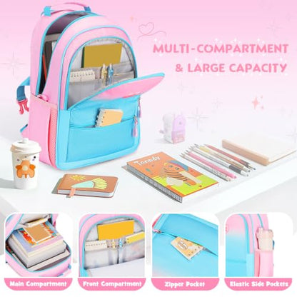 Kids Backpack for Girls 5-8, 4PCS Toddler Backpack with 13oz Kids Insulated Water Bottle, Lunch Box and Pencil Case, Girls Bookbag Schoolbag for Primary Kindergarten Elementary School - color: Pink Blue
