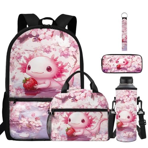 ZDCUSTOM Axolotl School Backpack for Kids 5PCS Set, Cute Backpacks with Pencil Case Water Bottle Holder Keychain, Pink Elementary Bookbag, Back to School Supplies for Boys Large Capacity - color: Strawberry Axolotl