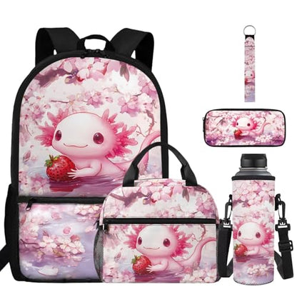 ZDCUSTOM Axolotl School Backpack for Kids 5PCS Set, Cute Backpacks with Pencil Case Water Bottle Holder Keychain, Pink Elementary Bookbag, Back to School Supplies for Boys Large Capacity - color: Strawberry Axolotl