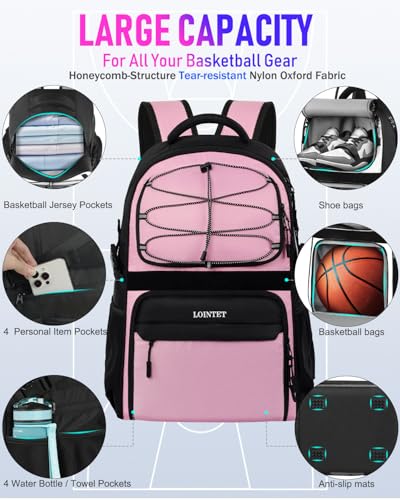 LOINTET Basketball Bag Backpack with Ball Holder Shoes Compartment, Large Basketball Accessories Sports Bag - color: Pink